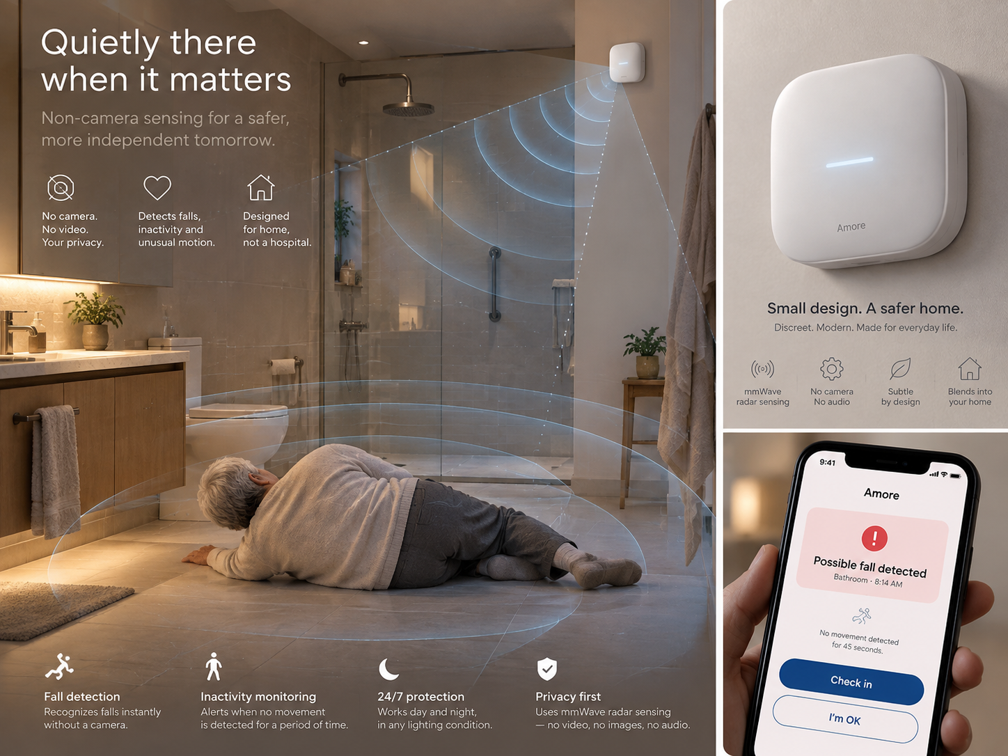 Bathroom safety scene showing a wall-mounted Amore sensor detecting a possible fall